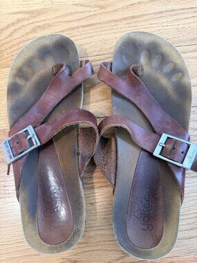Yokono Brown Leather Toe Loop Sandals Cork Footbed